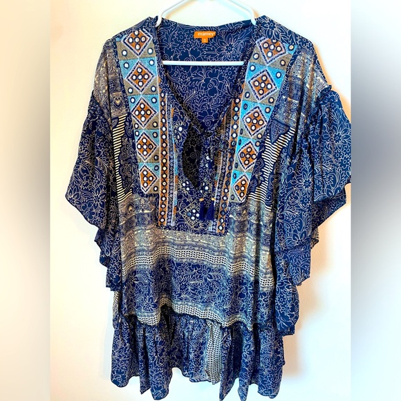 MAMEY  blue boho printed beach resort draped coverup caftan - Picture 1 of 9